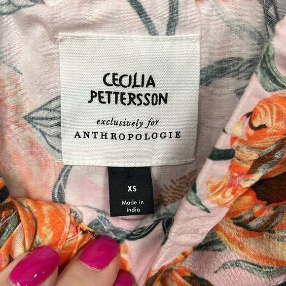 Cecelia Peterson Top XS Pink Green Floral Button Up Off Shoulder Puff Sleeves - Picture 2 of 11